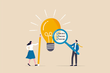 Business viability checking, validate idea by market research to see possibility to success in real world, evaluate profitable of business idea, businessman with magnifier analyze lightbulb idea.