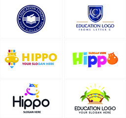 Colorful education playground logo design with hippo character funny and book emblem institution vector illustration