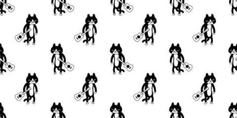 cat seamless pattern kitten calico guitar ukulele bass vector neko breed character cartoon pet gift wrapping paper tile background repeat wallpaper doodle animal illustration