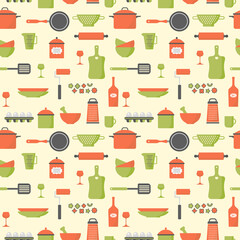 Seamless texture of food icons, kitchen equipment, utensil. Flat cartoon vector llustration about food and cooking