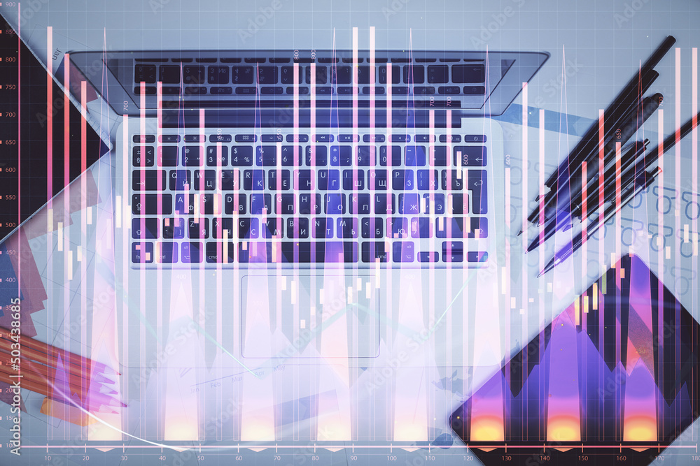 Poster multi exposure of forex chart drawing over table background with computer. concept of financial rese