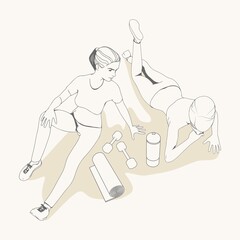 Two young women wearing casual workout clothes. Sport fashion girl outline in urban casual style. Gym training and home exercising and fitness equipment. Dumbbells, yoga mat and bottle.