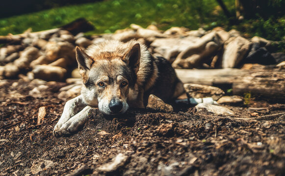 Czechoslovakian wolfdog in nature. wolfhound.