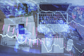 Multi exposure of financial chart drawing over table background with computer. Concept of research. Top view.