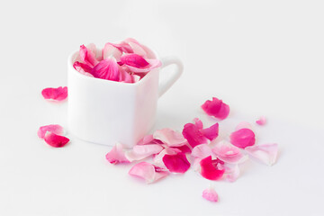 Pink rose petals in a white cup.Ingredients for natural cosmetics, oils and jams.Beautiful floral card.