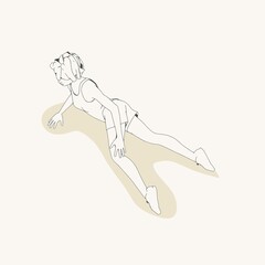 Lying woman. Sport girl illustration. Casual sportwear - t-shirt, breeches and sneakers. Young woman wearing workout clothes. Sport fashion girl outline in urban casual style.