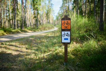 Szlak rowerowy ścieżką leśną. Oznakowanie trasy rowerowej. Mała głębia ostrości, bokeh, f/1,4. Zieleń, błękit, wiosna. - obrazy, fototapety, plakaty