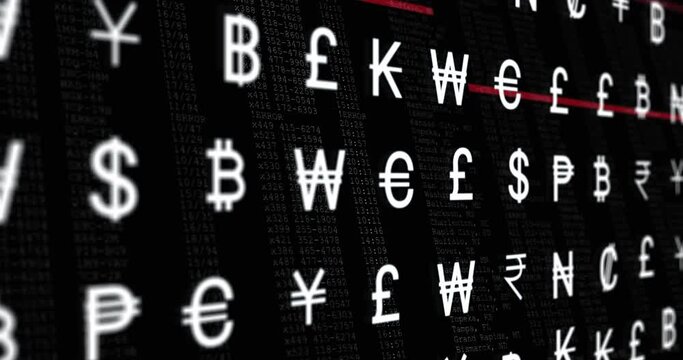 Animation of currency symbols over data processing on black background
