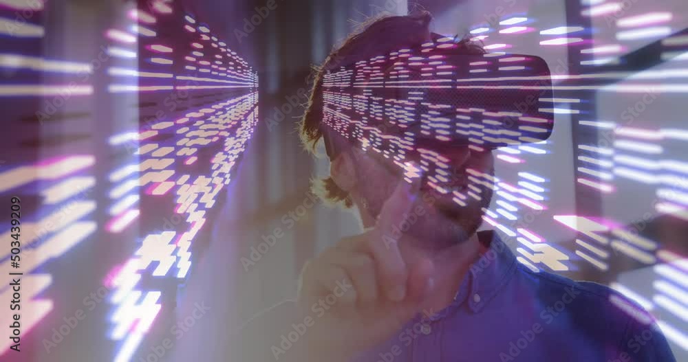Poster animation of moving columns over caucasian man using vr headset