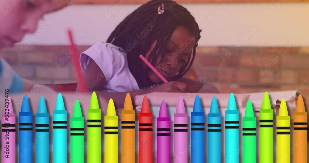 Poster Animation of crayons over diverse schoolchildren drawing