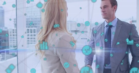 Animation of network of connections with icons over diverse business people shaking hands