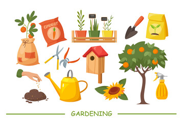 Gardening icon set. Set of objects needed for gardening and farming, isolated on white background. © Elen_Art