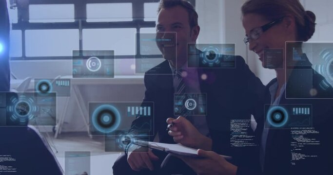 Animation of data processing over diverse business people shaking hands