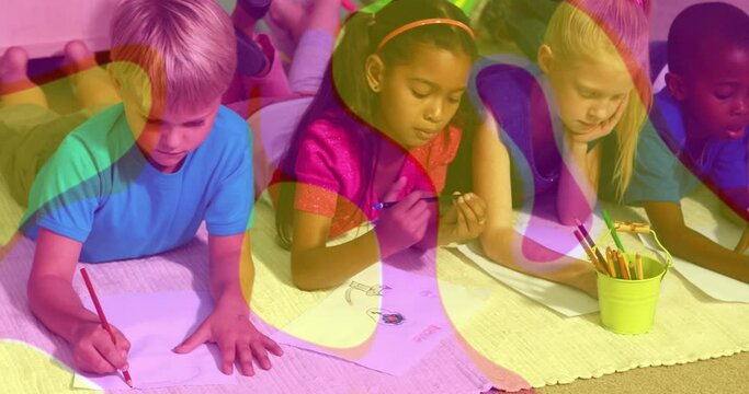 Animation of colorful shapes over diverse schoolchildren drawing