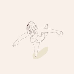 Beautiful plus size woman wearing underwear or swimsuit is dancing. Body positive concept. Attractive overweight girl. For Fat acceptance movement. Top view