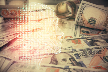 Double exposure of brain drawing over us dollars bill background. Technology concept.