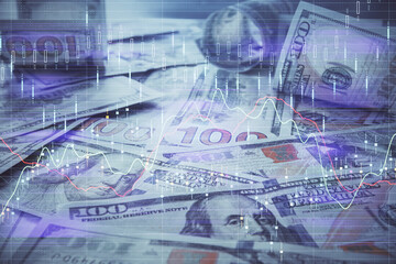 Multi exposure of forex chart drawing over us dollars bill background. Concept of financial success markets.