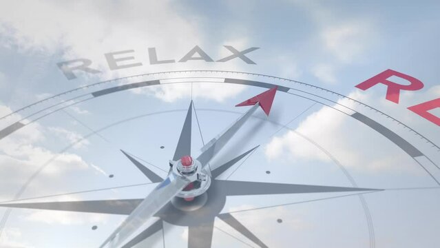 Animation of compass with relax texts over clouds