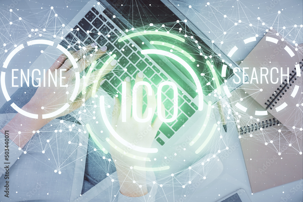 Poster double exposure of woman hands working on computer and blockchain theme hologram drawing. top view. 