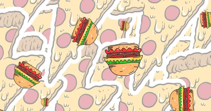 Animation of hamburger and pizza icons over white background