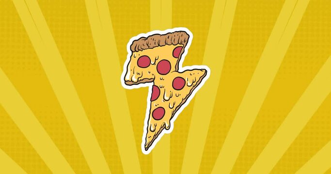 Animation of pizza icons over stripes on yellow background