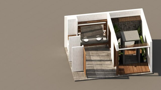 build up modern contemporary wood bathroom with parquet floor and white marble wall with built in mirror counter basin with toilet and outdoor rain shower with skylight. isometric interior 3d render