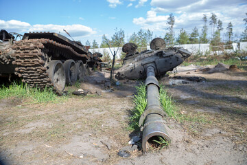 Smashed and burned russian tanks. Burned tank. War in Ukraine.