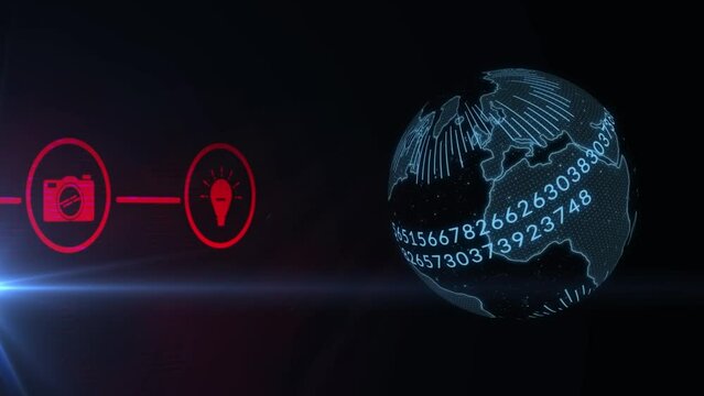 Animation of camera and bub icons over black background with globe