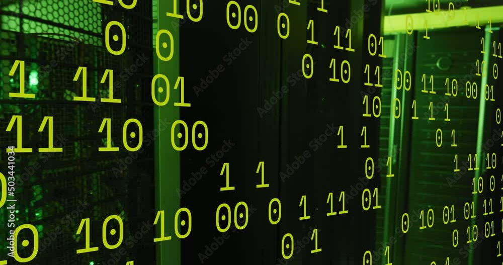 Aufkleber animation of green binary code over servers