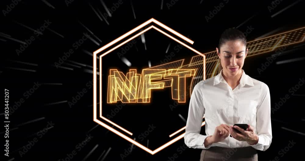 Poster animation of nft in hexagon over caucasian woman using smartphone on black background with lines