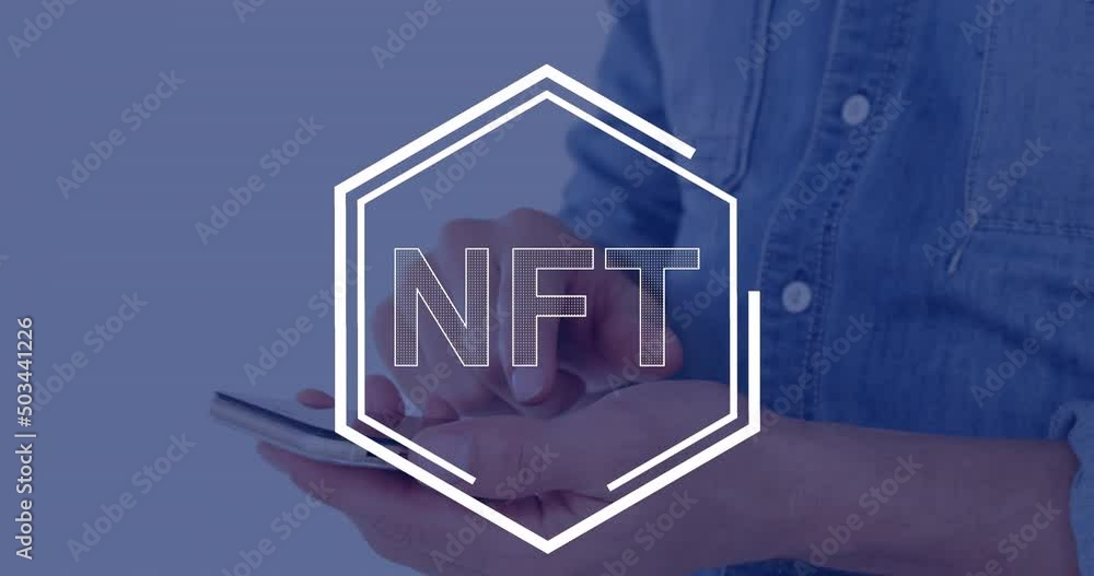 Poster animation of nft in hexagon over hands of caucasian man using smartphone