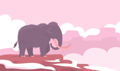 Ancient woolly mammoth. Extinct animal of the Ice Age. Tusks and trunk. Vector cartoon illustration on the background of rocks