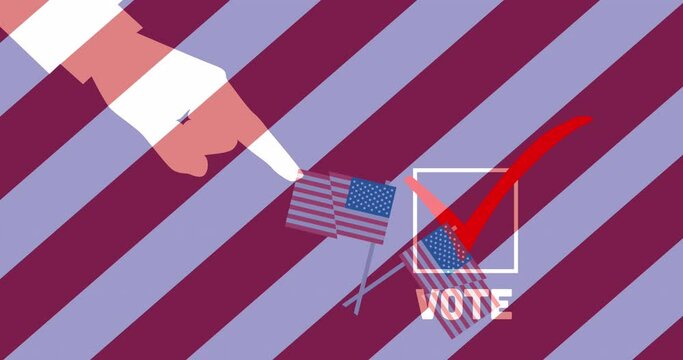 Animation of hand, vote and american flags over red, white and blue striped background