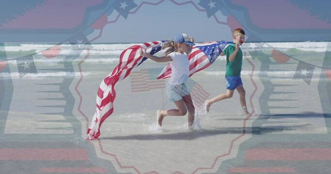 Animation of cotillion and usa flags over happy caucasian girl and boy running on beach