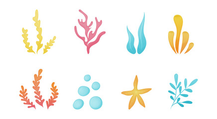 Fototapeta na wymiar Under water flora and fauna. Seaweed and corals. Vector illustration
