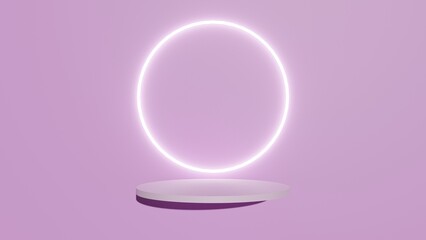 shelf or stand podium on pink wall scene with glow neon ring background.rendering geometric shape for cosmetic product display presentation.3d rendering