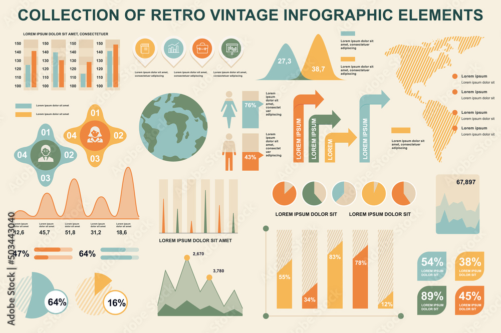 Fototapete Bundle vintage infographic elements data visualization vector design template. Can be used for steps, business processes, workflow, diagram, flowchart, timeline, marketing icons, retro infographics.