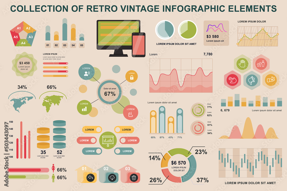 Poster Bundle vintage infographic elements data visualization vector design template. Can be used for steps, business processes, workflow, diagram, flowchart, timeline, marketing icons, retro infographics.