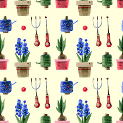 Seamless pattern of flower pots, garden tools, ribbon. Hand-drawn watercolor illustrations on a colored background. Ideal for textiles, packaging, wallpaper, fabrics, prints, shops and websites.