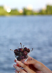 A glass with ripe cherries in female hands against the backdrop of the sea and nature..Healthy food. Summer concept. Copy space on the top