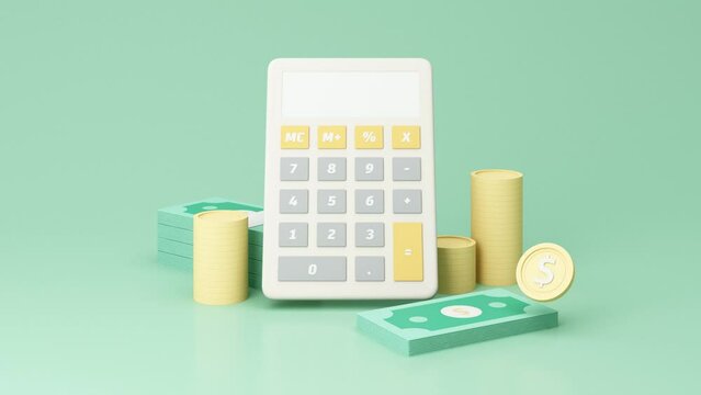 business investment profit concept and money saving, wealth about money and financial planning with Bundle of money, banknote and gold coins with calculator on green background. realistic 3d render