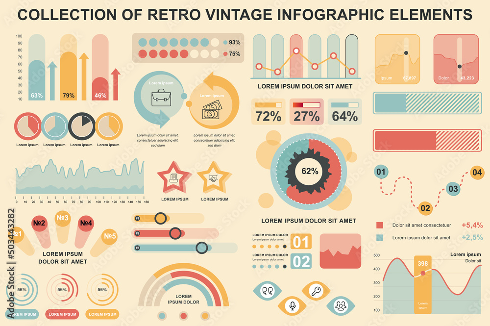 Poster Bundle vintage infographic elements data visualization vector design template. Can be used for steps, business processes, workflow, diagram, flowchart, timeline, marketing icons, retro infographics.