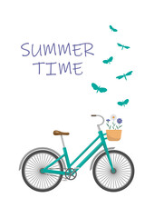 Fototapeta na wymiar Summer postcard with turquoise bike and butterflies