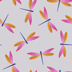 Dragonfly simple seamless pattern. Repeating clothes textile print with flying adder insects.