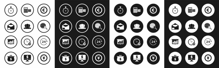 Set Coin money with euro symbol, Magnifying glass globe, Calculator dollar, Clock 24 hours and Presentation financial board graph, schedule, chart, diagram, infographic, pie graph icon. Vector