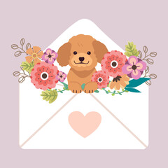 The character of cute poodle dog sitting in the letter with heart sticker and flower in flat vector. Illustration about love and valentin's day.