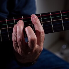 Closeup of hands playing a guitar