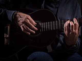 Closeup of hands playing a guitar