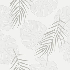 Summer seamless tropical pattern with silhouette plants on white background. Vector design. Floral background