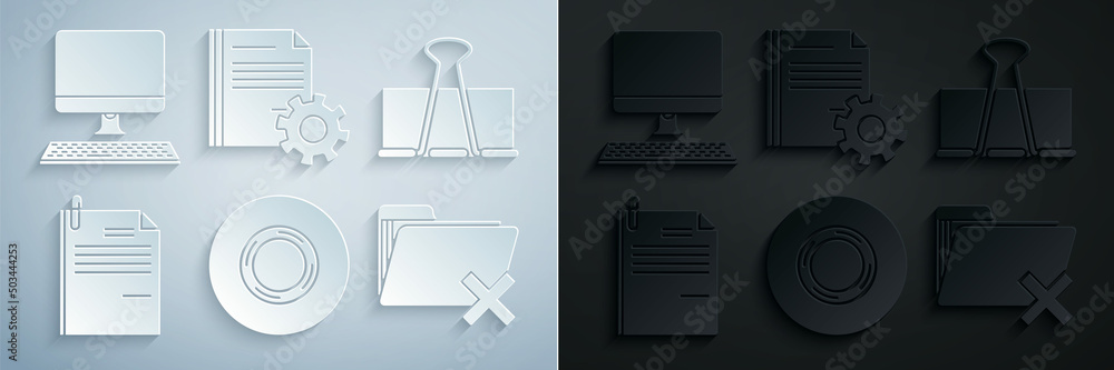 Poster set scotch, binder clip, file document and paper, delete folder, document settings with gears and co